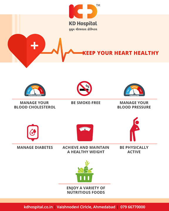 The best way to look after your heart is with a healthy lifestyle.

#KDHospital #Ahmedabad #Healthcare #HealthyLifestyle #healthyHeart #GoodHealth