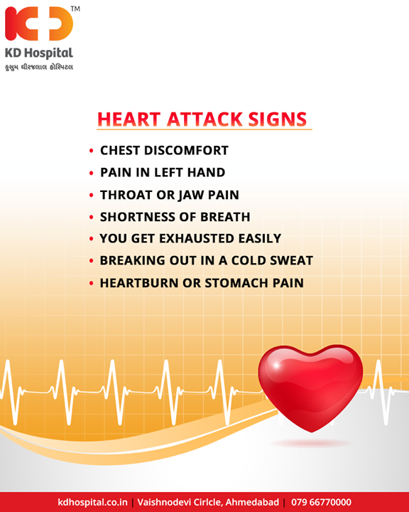 Not all heart problems come with clear warning signs. It is advisable to take these signs very seriously and save yourselves from Heart Attack! 

#HeartAttack #Warnings #HeartCare #Care #KDHospital #Ahmedabad #Healthcare #GoodHealth