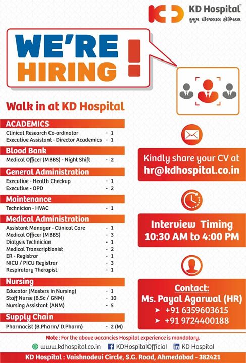 We're Hiring!

#Hiring #JoinKDHospital #KDHospital #GoodHealth #Ahmedabad #Gujarat #India