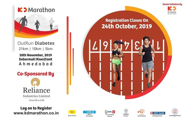 Have you blocked your slot yet? Hurry up guys, registrations are getting closed on 24th October 2019.

#KDMarathon #OutRunDiabetes #diabetesawareness
#marathon #marathon2019 #marathonahmedabad #marathonsupport #running #run #amdavadi #ahmedabadmarathon #runningmarathon #marathons #fitnessmotivation #halfmarathon #runthecity
