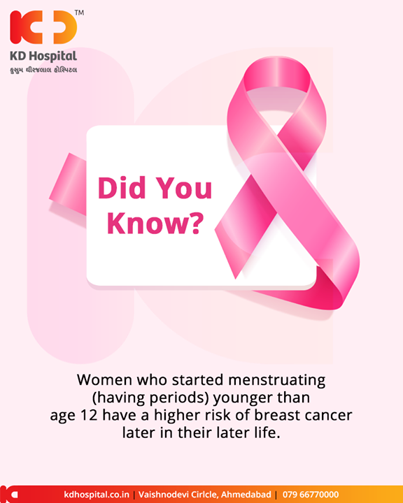 #DidYouKnow?

Let us enlighten you on the fact that the age at menarche has a significant impact on breast cancer prognosis and survival!
Women who started menstruating (having periods) younger than age 12 have a higher risk of breast cancer later in their later life as compared to the ones who began their periods after age 14.

#Awareness #BreastCancer #KDHospital #GoodHealth #Ahmedabad #Gujarat #India