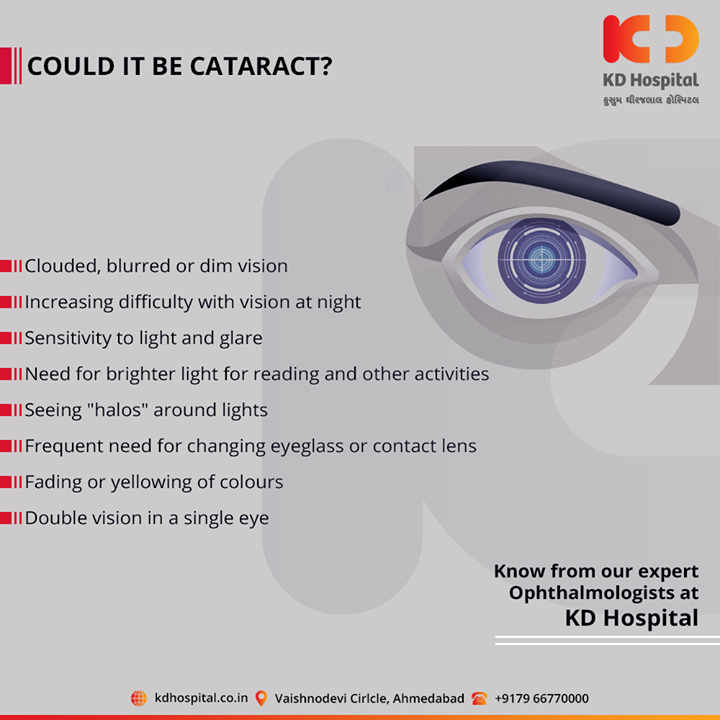 Signs and symptoms of cataracts.

Know from our expert ophthalmologists at KD Hospital

For appointment call: +91 79 6677 0000

#Ophthalmologists #KDHospital #goodhealth #health #wellness #fitness #healthy #healthiswealth #wealth #healthyliving #joy #patientscare #Ahmedabad #Gujarat #India