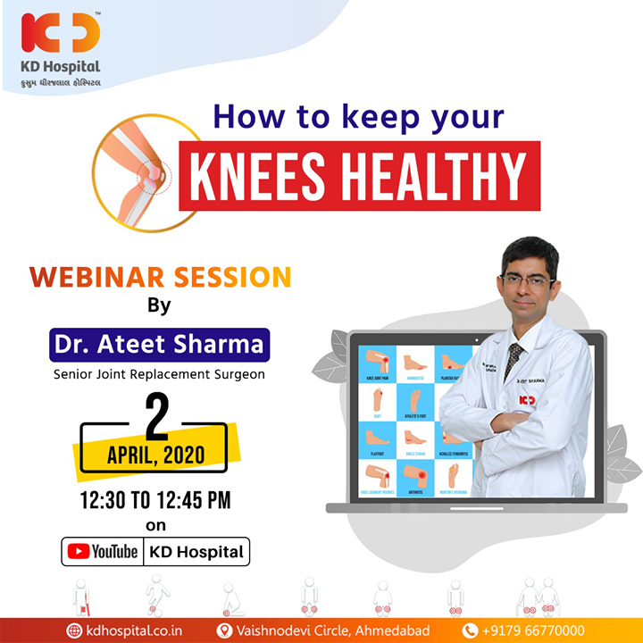KD Hospital presents a series of live webinars with its first session by Dr Ateet Sharma, MS Orthopaedics and Senior Joint Replacement Surgeon at KD Hospital. With his experience of over 2 decades, he will share tips on “How to keep Your Knees healthy”. You can login to your YouTube account and ask your queries live on the following link: 

https://www.youtube.com/channel/UC8DJ8MFUgP3hL0jHMqxm2-Q

#CoronaVirus #CoronaAlert #StayAware #StaySafe #pandemic #caronavirusoutbreak #Quarantined #QuarantineAndChill #coronapocalypse #KDHospital #goodhealth #health #wellness #fitness #healthiswealth #healthyliving #patientscare #Ahmedabad #Gujarat #India