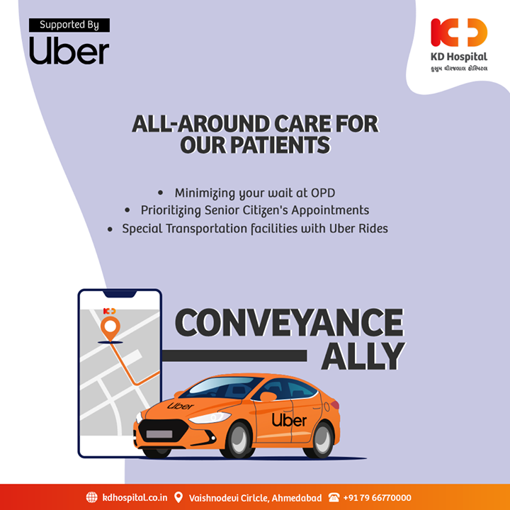 KD Hospital is always there to look after all your needs. We have done a conveyance ally with Uber to provide prompt transportation facilities for our patients and their relatives. All around care for our patients is our priority.  

#KDHospital #ConveyanceAlly #Uber #UberRides #TransportationServices #Care #Compassion #Hospital #goodhealth #health #wellness #fitness #healthiswealth #healthyliving #patientscare #Ahmedabad #Gujarat #India