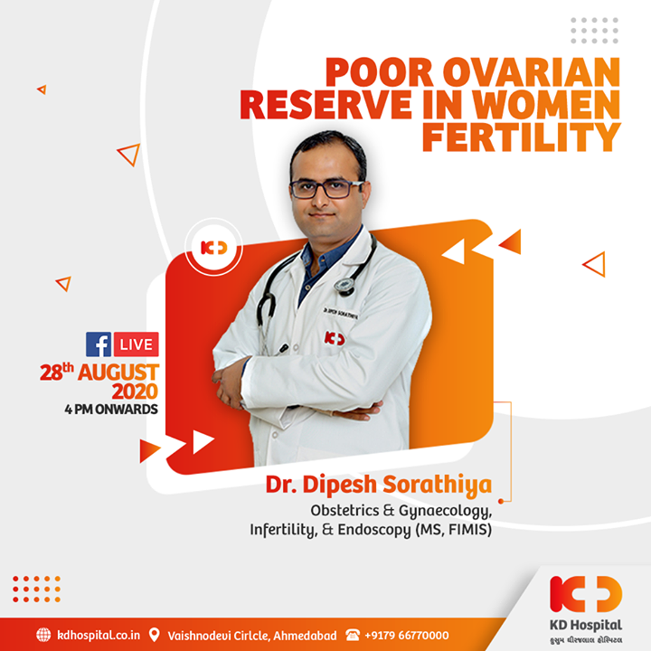Poor ovarian reserve is an important etiology of infertility in many women of reproductive age. As the term indicates, it constitutes of decreased quantity of ovarian follicular pool in women. Connect with us on Facebook for the live discussion on this topic with Dr. Dipesh Sorathiya (Fertility Specialist) tomorrow 28th August 2020, 4 PM onwards.

#KDHospital #WomenFertility #Infertility #Ovaries #GynaecologicalProblems #PCOS #PCOD #GynaecologicalDisorders #FBLive #Care #Compassion #Hospital #goodhealth #health #wellness #fitness #healthiswealth #healthyliving #patientscare #Ahmedabad #Gujarat #India