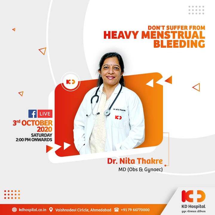 Heavy menstrual bleeding may anticipate anaemia and abdominal cramping for a longer period. 

Listen to Dr Nita Thakre talk about how to manage heavy menstrual bleeding on Facebook Live at 2:00 PM this Saturday on October 3, 2020. 

Join the session on our official Facebook page at https://www.facebook.com/KDHospitalOfficial/

#KDHospital #MultiSpecialtyHospital #Compassion #Doctors #DoctorsOfInstagram #Diagnosis #Therapeutics #goodhealth #FacebookLive #heavymenstrualbleeding #menstrualbleeding #menstruation #heavymenstruation #menstrualcycle #wellness #wellnessthatworks #Ahmedabad #Gujarat #India
