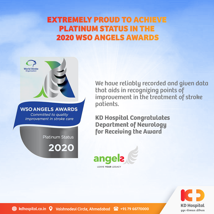KD Hospital Team of Neurology is pleased to share this moment of having received the WSO (World Stroke Organization) Angels Awards for the year 2020 with platinum status. WSO award is given to the hospitals who have met the standards in consistently providing the data that helps in improving the treatment of stroke patients. 

#KDHospital #WSOAngelsAward #AwardWinningHospital #AwardWinner #WSO #WorldStrokeOrganization #Stroke #StrokeSurvivor #StrokeAwareness #Compassion #Doctors #DoctorsOfInstagram #Diagnosis #Therapeutics #goodhealth #soical #socialmediamarketing #digitalmarketing #wellness #wellnessthatworks #Ahmedabad #Gujarat #India
