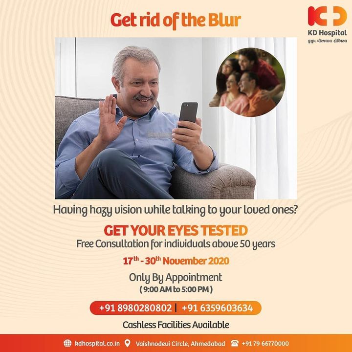 Ensure your eye health with regular eye check-ups. KD Hospital offers a free eye consultation from 17/11/2020 to 30/11/2020 for the patients above the age of 50. Call +918980280802 or +916359603634 between 9:00 AM to 5:00 PM to book an appointment. Cashless Facilities are also available at the hospital. 

#KDHospital #eyecheckup #cataract #blindness #blind #cataractsurgery #blindnessawareness  #DoctorsOfInstagram #Diagnosis #Therapeutics #goodhealth #pandemic #socialmedia #socialmediamarketing #digitalmarketing #wellness #wellnessthatworks #Ahmedabad #Gujarat #India