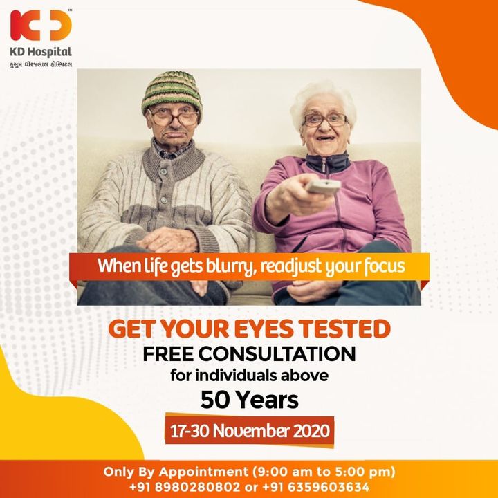 Readjusting your blurry vision is easy and affordable now. Free Eye Consultation only at KD Hospital, from 17/11/2020 to 30/11/2020, call +918980280802 or +916359603634 between 9:00 AM to 5:00 PM to book an appointment. Cashless Facilities are also available at the hospital. 

#KDHospital #eyecheckup #cataract #blindness #blind #cataractsurgery #blindnessawareness #DoctorsOfInstagram #Diagnosis #Therapeutics #goodhealth #pandemic #socialmedia #socialmediamarketing #digitalmarketing #wellness #wellnessthatworks #Ahmedabad #Gujarat #India