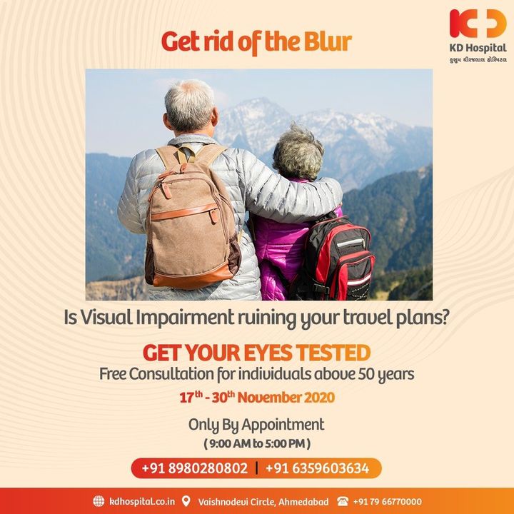 Try not to let your foggy vision ruin your exciting travel plans. Be part of our ongoing campaign of Free Eye Consultation (By Prior Appointment Only) at KD Hospital, valid till 30/11/2020. Call +918980280802 or +916359603634 between 9:00 AM to 5:00 PM to book an appointment. Cashless Facilities are also available at the hospital. 

#KDHospital #EyeCheckUp #FreeEyeCheckUp #FreeEyeCamp #cataract #Blur #BlurryVision #blindness #blind #cataractsurgery #blindnessawareness #DoctorsOfInstagram #Diagnosis #Therapeutics #goodhealth #pandemic #socialmedia #socialmediamarketing #digitalmarketing #wellness #wellnessthatworks #Ahmedabad #Gujarat #India
