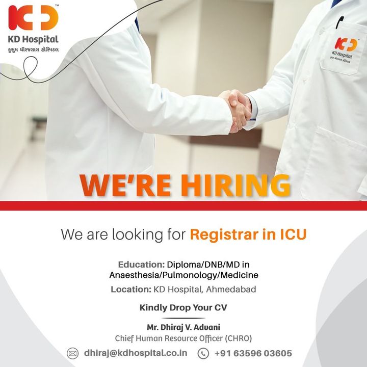 Looking for passionate doctors who are keen to provide critical patient care. Interested candidates can apply.

#KDHospital #Hiring #WeAreHiring #ICU #DoctorsOfInstagram #Diagnosis #Therapeutics #goodhealth #pandemic #socialmedia #socialmediamarketing #digitalmarketing #wellness #wellnessthatworks #Ahmedabad #Gujarat #India