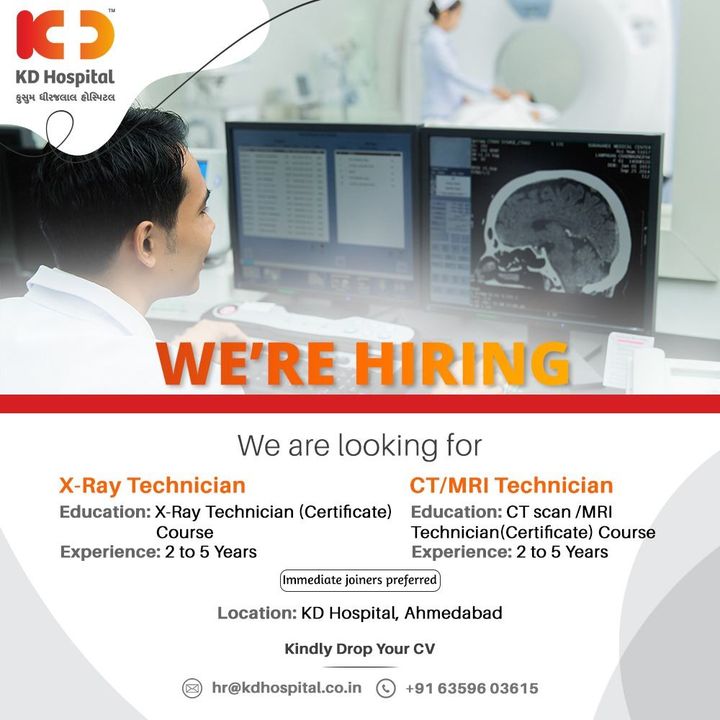 Looking for X-Ray/CT/MRI Technicians for our radiology department, who are well-versed with using latest equipments. Eligible and interested candidates can call immediately on +916359603617. 
#KDHospital #Hiring #Covid #Covid19 #WeAreHiring #Radiology #Xraytechnician #MRItechnician #HiringAlert #Connections #DoctorsOfInstagram #Therapeutics #goodhealth #pandemic #socialmedia #socialmediamarketing #digitalmarketing #wellness #wellnessthatworks #Ahmedabad #Gujarat #India