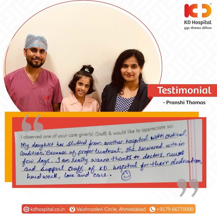 Thank you little Pranshi and her mother for having kind words for our frontliners. Your feedback always helps us and motivates us to do better continuously. 

#KDHospital #Compassion #Doctors #DoctorsOfInstagram #Diagnosis #Therapeutics #goodhealth #patienttestimonial #patient #testimonial #testimony #soical #socialmediamarketing #digitalmarketing #wellness #wellnessthatworks #Ahmedabad #Gujarat #India