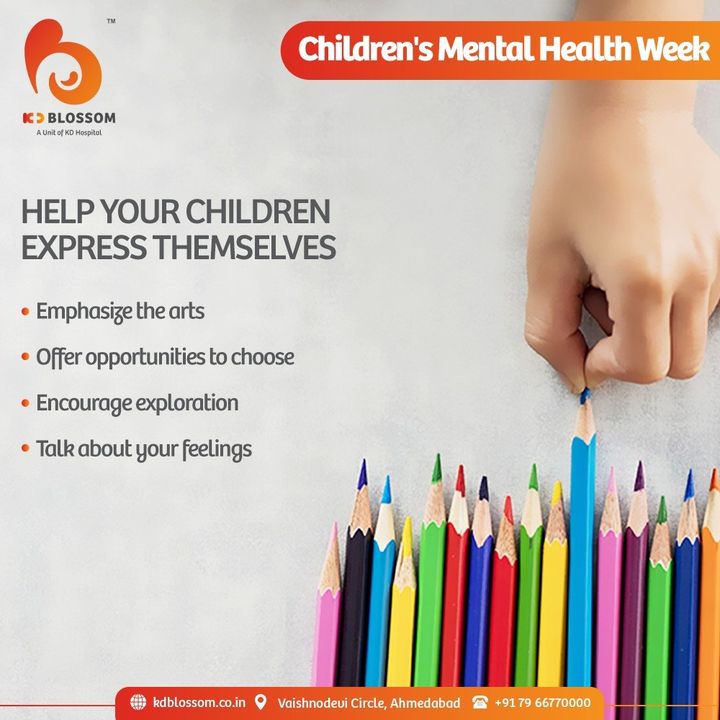 This year’s theme for Children’s Mental Health Week is “Express Yourself”. 
Parents should indulge in activities that encourage their kids to spend their time in art and exploring their interests instead of choosing on behalf for them. Discussing your emotions will also help you teach your children about healthy self-expression. 

#KDHospital #KDBlossom #ChildrensMentalHealthWeek #ExpressYourself #ParentHood #MentalHealth #Awareness #goodhealth #pandemic #socialmedia #socialmediamarketing #digitalmarketing #wellness #wellnessthatworks #Ahmedabad #Gujarat #India