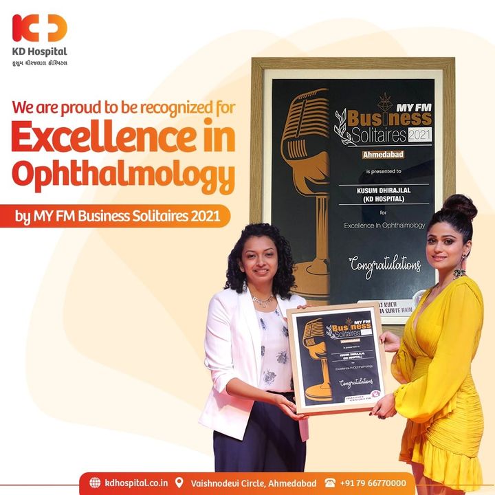 It is a prestigious moment for all of us at KD Hospital to get recognised by MY FM Business Solitaires’ 21 Award for Excellence in Ophthalmology from the hands of Ms. Shamita Shetty , Bollywood Actress.

We will continue to strive hard for providing the best of patient care services as always.
For Appointments call: +918980280802

#KDHospital #Ophthalmology #MYFM #MYFMBusinessSolitaires #Award #goodhealth #pandemic #socialmedia #socialmediamarketing #digitalmarketing #wellness #wellnessthatworks #Ahmedabad #Gujarat #India
