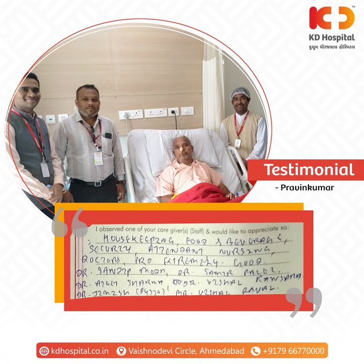 Thank you for choosing KD Hospital. Your words encourage our front-liners to keep giving their best every day and night. 

#KDHospital #MultiSpecialtyHospital #Compassion #Doctors #Diagnosis #Therapeutics #goodhealth #patienttestimonial #patient #testimonial #testimony #soical #socialmediamarketing #digitalmarketing #wellness #wellnessthatworks #Ahmedabad #Gujarat #India