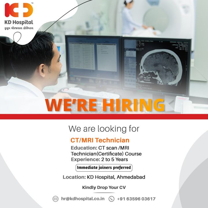 Looking for CT/MRI Technicians for our radiology department, who are well-versed with using latest equipments. Eligible and interested candidates can call immediately on +916359603617. 

#KDHospital #Hiring #Covid #Covid19 #WeAreHiring #Radiology #MRItechnician #HiringAlert #Connections  #Therapeutics #goodhealth #pandemic #socialmedia #socialmediamarketing #digitalmarketing #wellness #wellnessthatworks #Ahmedabad #Gujarat #India