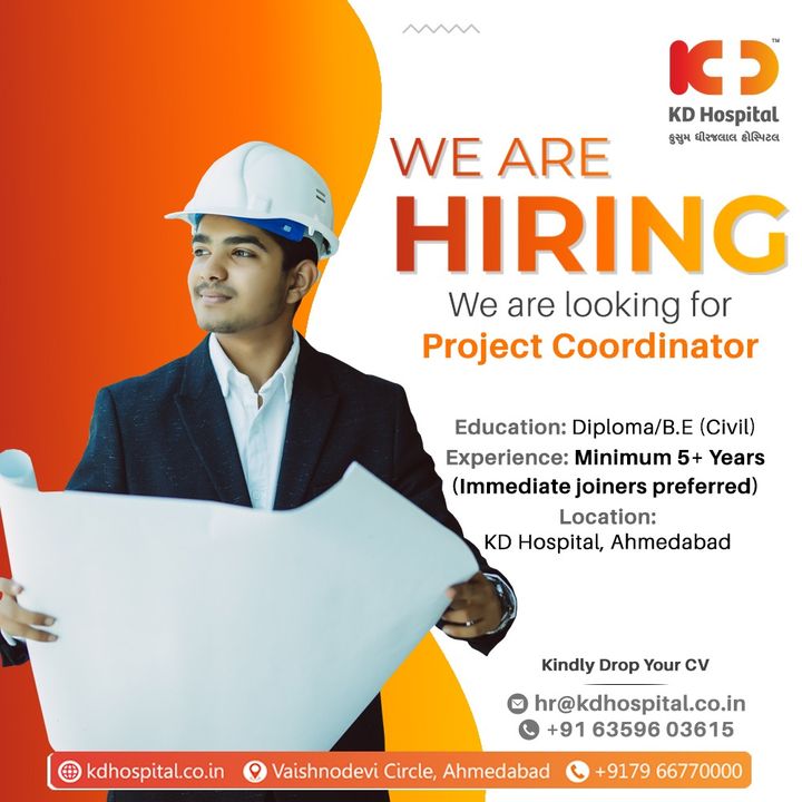 KD Hospital is looking for passionate candidates for Project Co-ordination.
Eligible and interested candidates can call immediately on +916359603615 or can drop an updated CV.
#KDHospital #Hiring #Covid #Covid19 #WeAreHiring #Engineer #civilconstruction #civilengineeringproject  #Diploma #civil #civilengineer #Leadership #HiringAlert #Connections #Therapeutics #goodhealth #pandemic #socialmedia #socialmediamarketing #digitalmarketing #wellness #wellnessthatworks #Ahmedabad #Gujarat #India
