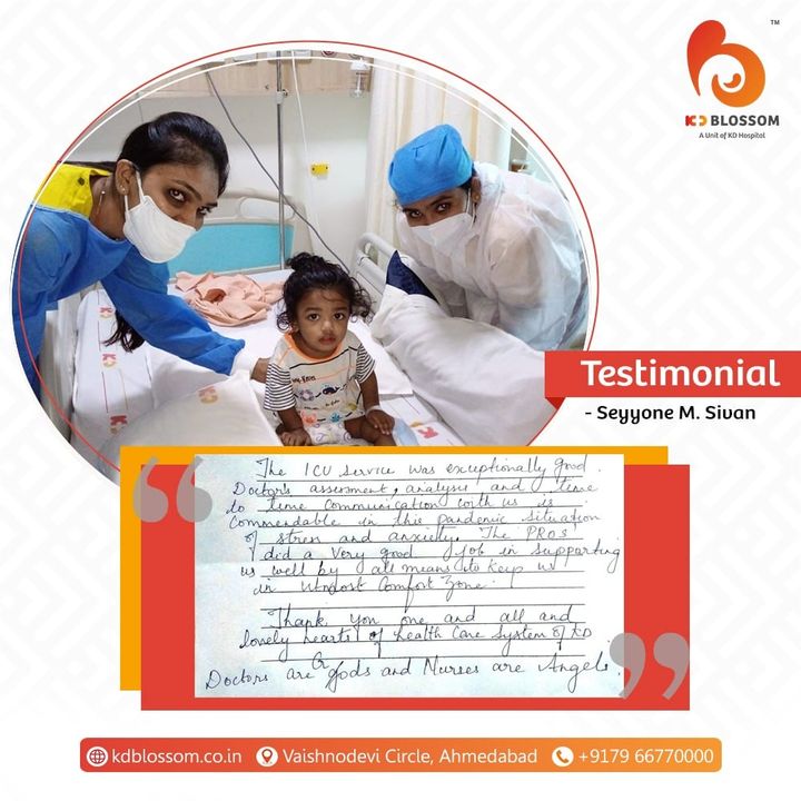 Your encouraging words aid in fulfilling the sense of purpose put in by our Consultant Paediatrician Dr. Snehal Patel.

Call KD Blossom for appointments: +91 7966770000.

 #KDHospital #KDBlossom #PatientSpeaks #PatientTestimony #Testimony #Safety #PatientSafety #SafetyComesFirst #SafetyFirst #SafetyMeasures #Diagnosis #Therapeutics #Awareness #wellness #goodhealth #wellnessthatworks #Nusring #NABHHospital #QualityCare #hospitals #healthcare #physicians #surgeon #Ahmedabad #Gujarat #India