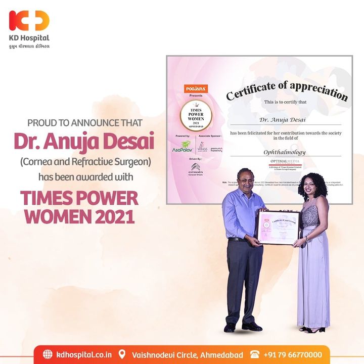 It is a prestigious moment for all of us at KD Hospital that Dr Anuja Desai is recognised as TIMES POWER WOMEN 2021, Excellence in the category of Eyecare.

#KDHospital #timespowerwomen2021  #timespowerwomen  #eyedoctor #toi #thankyou #awards #healthcare #leadership #leader #gratitude #winner #powerwomen #strongwomen  #inspirationalleadership #management #hospitals  #success #inspiration #power  #women #womenempowerment #india #hospitalmanagement #ahmedabaddiaries #ahmedabad #ahmedabadtimes #timesofindia #digitalmarketing