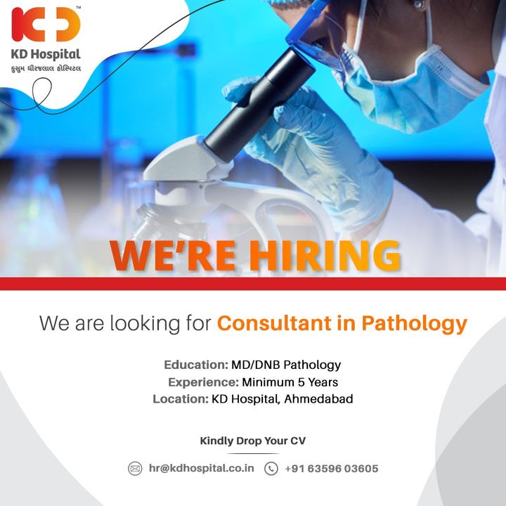 KD Hospital is looking for a Full-time Pathologist. Eligible and Interested Doctors can send their updated resumes to hr@kdhospital.co.in or call on +916359603605.

#KDHospital #Hiring #Covid #Covid19 #WeAreHiring #Pathologist #Pathology #jobs #Job #Leadership #HiringAlert #Connections #Therapeutics #goodhealth #pandemic #socialmedia #socialmediamarketing #digitalmarketing #wellness #wellnessthatworks #Ahmedabad #Gujarat #India