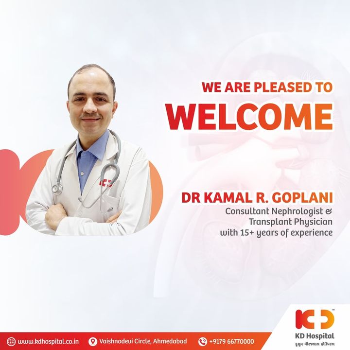 KD Hospital welcomes Dr Kamal Goplani in our Department of Nephrology who is available Full-Time, having extensive experience of more than 15 Years in managing cases of Renal Transplant, Acute kidney injury, Chronic kidney disease. 
Call 079-66770000 to book an appointment for any kidney-related problems.

 #KDHospital #kidney #kidneytransplant #kidneydisease #medicine #anatomy #doctor #medical #transplant #chronicillness #motivation #hospital  #healthylifestyle #medicalstudent #medlife  #goodhealth #health  #fitness #healthyliving #patientscare #Ahmedabad #Gujarat