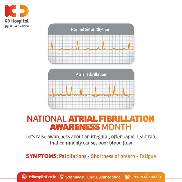 September is celebrated as National Atrial Fibrillation (AFib) Awareness Month to raise awareness for this life-threatening Arrhythmia. Atrial Fibrillation is an irregular heartbeat or a condition in which the heart muscles fail to contract in a strong, rhythmic way.

#KDHospital #NationalAtrialFibrillationAwareness   #HealthyHeart #HeartRate #BloodFLow #Doctors #Diagnosis #Therapeutics #goodhealth #atrialfibrillation #cardiology #heart #afib #heartdisease #medicine #aorta #cardiac #cardiacnurse #cardilascularhealth #cathlabnurse #dilatedcardiomyopathy  #wellness #wellnessthatworks #Ahmedabad #Gujarat