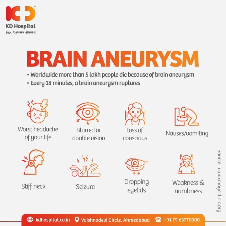 Brain aneurysms are caused by a weakness in the walls of blood vessels in the brain. Take a quick look into its symptoms and understand the severeness of the disease. Get in touch with the experts for the best quality of treatment for a Brain Aneurysm.

Offering a 20% discount on our expert doctor's consultation concessional rates on investigations, Call now: +91 9825993335 to book an appointment.
Valid till 31st Dec'21 only.

#KDHospital #MultiSpecialtyHospital #Compassion #Passion #Doctors #Diagnosis #Therapeutics #goodhealth #brainaneurysm #neurology #brainaneurysmsurvivor #brainaneurysmawareness #neurosurgery #brainsurgery #Ahmedabad #Gujarat #India
