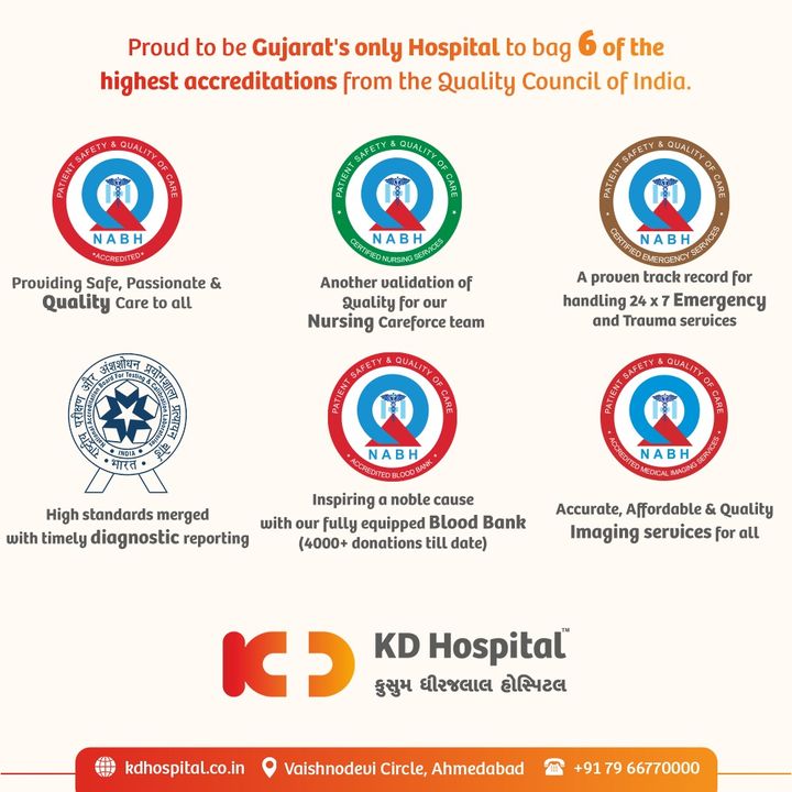 We are proud to be Gujarat’s only Hospital to bag 6 of the highest accreditations from the Quality Council of India namely:

1) NABH Full accreditation
2) NABH Certified Nursing Services
3) NABH Certified Emergency Services
4) NABL  
5) NABH Blood Bank
6) NABH Medical Imaging Services 

This reflects our vision of providing affordable and exceptional quality care to everyone. We are grateful to our patrons and the people of Gujarat for putting their faith in us.

#KDHospital #NABH #NABL #NABHHospital #NusingExcellence #accreditation #accredited #QualityCare #Compassion #Doctors #Diagnosis #Therapeutics #goodhealth #wellness #wellnessthatworks  #YoursToMake #Ahmedabad #Gujarat #India