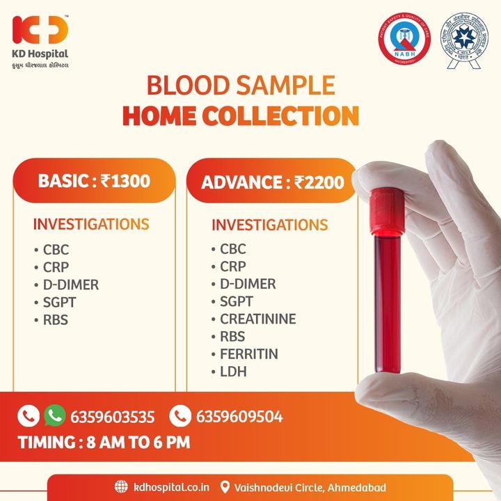 Home Blood Sample collection facility is now available at KD Hospital. Get your samples tested by our reputed NABL Accredited lab. To book your blood sample collection from the comfort of your home Call us between 8 am to 6pm, on 6359609504 or WhatsApp on 6359603535

#KDHospital #HomeSampleCollection #BloodTest #Testfromhome #accuratereport #Covid19 #indiafightscovid19 #socialdistancing #goodhealth #health #fitness #healthyliving #patientscare #Ahmedabad #yourstomake #trendinginahmedabad
