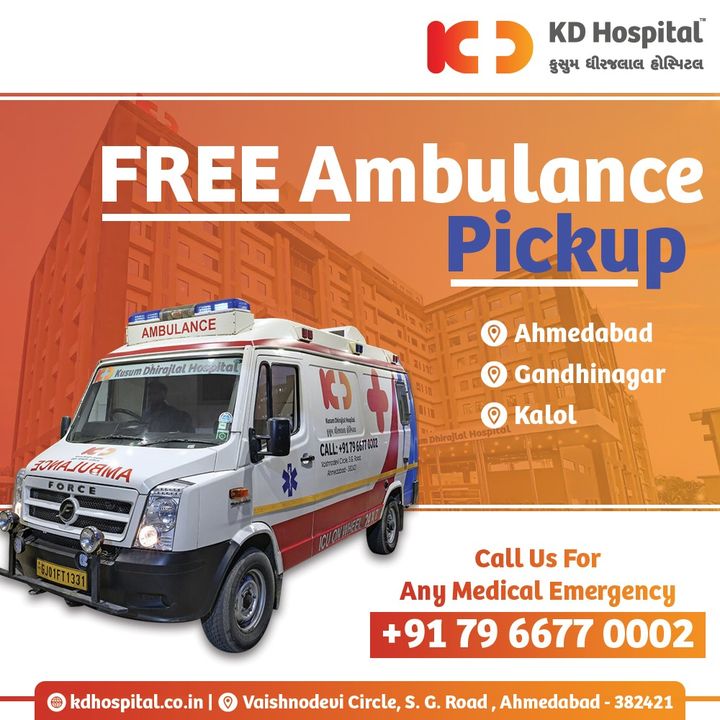 FREE AMBULANCE PICKUP by KD Hospital is now available in Ahmedabad, Gandhinagar and Kalol. Your preferred Emergency and Trauma Medical Partner is just a call away! 
Contact us+91 79 6677 0002.

#KDHospital #EmergencyMedicine #ER #ED #EmergencyDoctors #Compassion #Safety #PatientSafety  #Emergency #Trauma  #GoldenHour #Diagnosis #Therapeutics #Awareness #wellness #goodhealth #wellnessthatworks #Nusring #NABHHospital #QualityCare #hospitals #doctors #healthcare #physicians #surgery #surgeon  #yourstomake #Ahmedabad #Gujarat #India