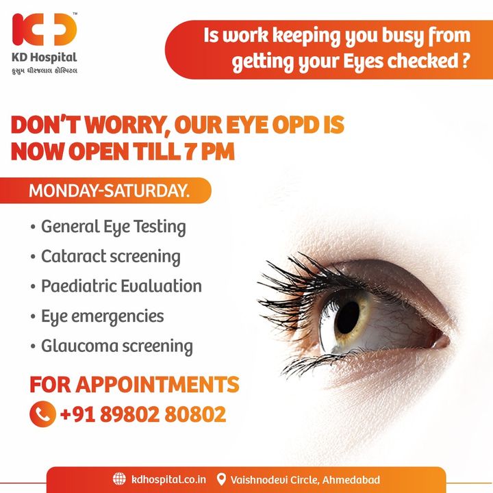 In response to our Patients positive feedback, starting from 20th Jan'22 (Thursday) our Ophthalmology department at KD Hospital will remain open until 7 pm. 
For appointments call us on +91 8980280802.

#KDHospital #Doctors #Safety #Ophthalmology  #eyecheckup #cataract #vision #eyecare #eyedoctor #eyes #eyespecialist #glasses #eyeclinic #eyehealth #health #cataractsurgery #wellness #goodhealth #wellnessthatworks #Nusring #NABHHospital #QualityCare #hospitals #healthcare  #Ahmedabad #Gujarat #India