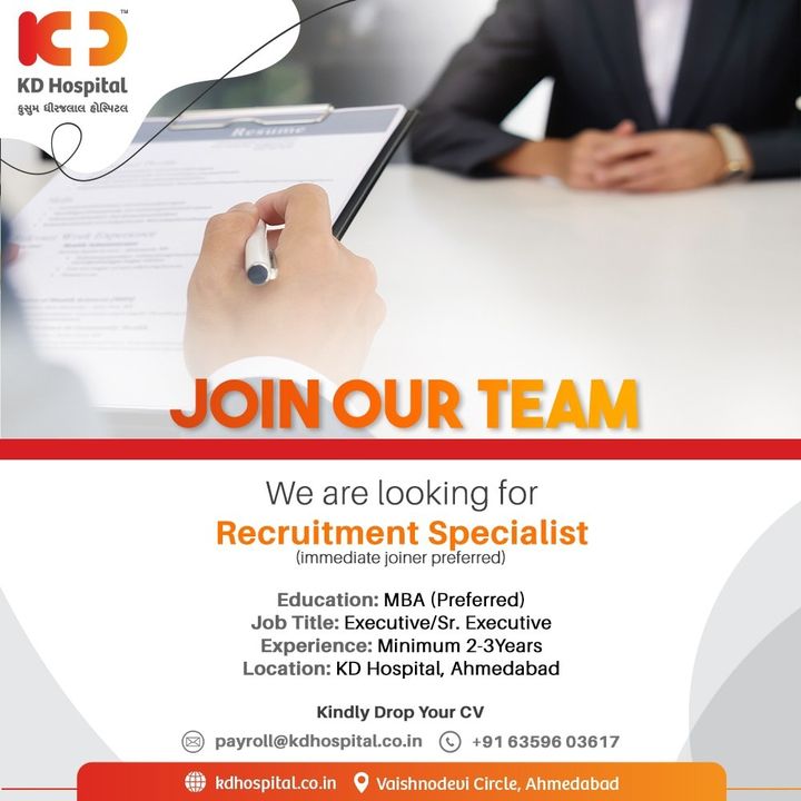 KD Hospital  is hiring!!
Gujarat's highly accredited hospital is looking for an Experienced Recruitment Specialist.
 Interested candidates can drop their updated resumes on Payroll@kdhospital.co.in or call directly +91 6359603617.

#KDHospital #Hiring #WeAreHiring #MBA #apply #vacancy #work #opportunity #urgentvacancyalert #jobseekers #recruitment #jobsearch #jobs #Job #Leadership #HiringAlert #Connections #Therapeutics #goodhealth #Ahmedabad #Gujarat #India