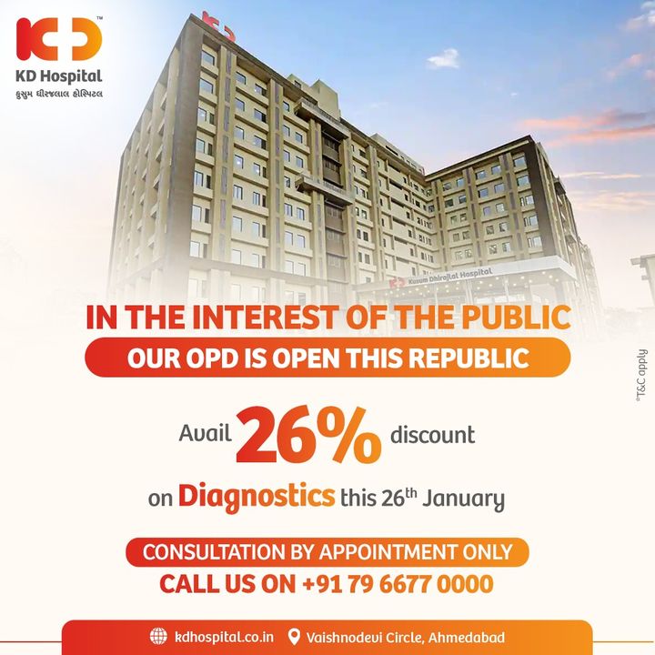 KD Hospital's Super-Speciality OPD remains committed even on Republic Day! 
Get 26% discount on diagnostics this 26th Jan'22.
Consultations by appointment only. Contact us at +917966770000

#KDHospital #republicday #happyrepublicday #republicdayindia  #MultiSpecialtyHospital  #hospital #Nusring #NABHHospital #QualityCare #hospitals #goodhealth #pandemic #Covid19 #Covid19variant #Omicron  #yourstomake #trendinginahmedabad #wellness #wellnessthatworks #Ahmedabad #Gujarat #India