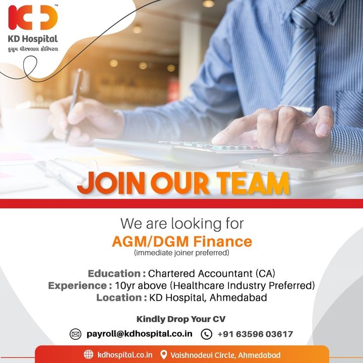 KD Hospital is hiring! 
We are currently looking for an experienced Finance Controller (10+ yrs exp.) Eligible and interested candidates can send their updated CV to payroll@kdhospital.co.in or call directly on +91 63596 03617.

#KDHospital #finance #accounts #accounting #business #finance #bookkeeping #tax #accountants #accountancy #money #business #Hiring #Hiring #jobsearch #recruitment #career #nowhiring #careers #work #business #recruiting #employment #resume #recruiter #hiringnow #jobhunt #jobopening #interview #HiringAlert #Connections  #Ahmedabad #Gujarat #India