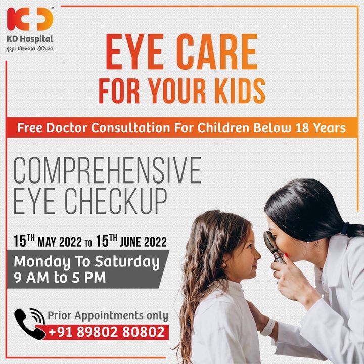 KD Hospital's Ophthalmology Department is offering free doctor consultations & comprehensive Eye checkup for children below 18 yrs of age. 

Visit us between 15th May-15th June 2022 to avail this offer. 

For appointments call us on 
+91 89802 80802, Monday to Saturday.

#KDHospital #Doctors #Safety #Ophthalmology  #eyecheckup #cataract #vision #eyecare #eyedoctor #eyes #eyespecialist #glasses #eyeclinic #eyehealth #health #cataractsurgery #wellness #goodhealth #wellnessthatworks #Nusring #NABHHospital #QualityCare #hospitals #healthcare  #Ahmedabad #Gujarat #India