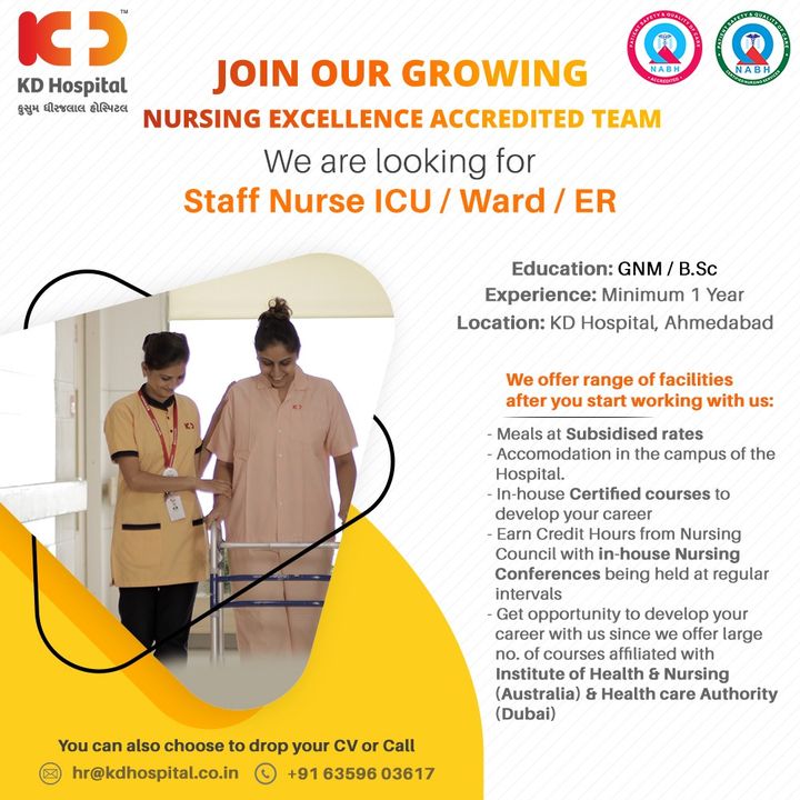 We are looking for Staff Nurses, who are passionate to drive patient care at KD Hospital, Ahmedabad. Eligible candidates can Walk-in for Interviews from Monday to Saturday (10 am-4 pm).

#KDHospital #HiringAlert #vacancy #opportunity #jobhunt #jobseeker #jobseekers #jobinterview #careeropportunity
#Hiring #urgentvacancyalert #jobseekers #recruitment #jobsearch #jobs #Job #Connections #NABHHospital #hospitals #YoursToMake #Ahmedabad #Gujarat #India