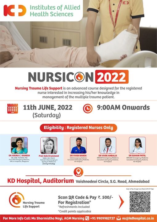 KD Hospital, Ahmedabad is proud to introduce the Nursing Trauma Life Support (NTLS) course exclusively for the nursing fraternity at NURSICON 2022. To be held on Saturday 11th June'22, 9:00 am onwards, the event will be highlighted by experts of Emergency Medicine. For registrations, scan the QR Code.
Contact Ms. Sharmistha Nayi, AGM Nursing, at +91 9909982727 for more information.

#KDAcademis #KDHospital #Nurse  #nursingcollege #BscNursing #GNM  #Nursingeducation #Academics #courses  #Connections #wellness #healthcare #medicos #conference #medicalstudent #medicalschool #YoursToMake #Ahmedabad #Gujarat #India