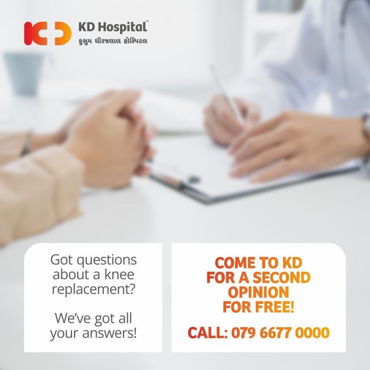 If you’re considering knee replacement surgery, come to KD Hospital today itself and get a 2nd opinion for free. 
You should have all the information required and make an informed decision.

For more information, visit KD Hospital, Vaishnodevi Circle, SG Road, Ahmedabad - 382421
Contact on: 079 6677 0000
or 
Visit the website: www.kdhospital.co.in

#KDHospital #ahmedabad #robot #robotics #hospital #kneesurgery #technology #medical #healthcare #doctors #qualitycare #physicians #surgeon #gujarat #india #appointment #secondopinion #robotickneereplacement