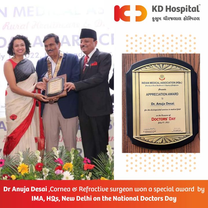 Dr Anuja Desai, Cornea & Refractive Surgeon, won a special award & felicitation from Indian Medical Association (IMA HQ's) New Delhi on Doctor's Day (1st July 22). Most recently, Project Disha (Dr Anuja's brainchild) was launched with a Mobile Eye Clinic to cater for the needs of unreached rural areas.

#KDHospital #ahmedabad #NationalDoctorsDay  #hospital #medical #healthcare #doctors #qualitycare #physicians  #ProjectDisha #EyeCare #MobileEyeClinic #EyeClinic #awards  #wellness #goodhealth #wellnessthatworks  #trendinginahmedabad #YoursToMake #Ahmedabad #Gujarat #India