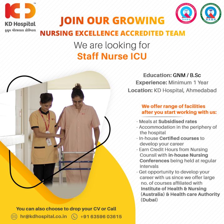 We are looking for ICU Staff Nurses, who are passionate to drive patient care at KD Hospital, Ahmedabad. Join our accredited Nursing Team. Eligible candidates can Walk-in for Interviews from Monday to Saturday (10 am-4 pm) or drop their CVs at hr@kdhospital.co.in.
You can also reach us at +91 6359603615.

#KDHospital #HiringAlert #vacancy  #NurseJob #Nursing #Nurse  #opportunity #jobhunt #jobseeker #jobseekers #jobinterview #careeropportunity #Hiring #urgentvacancyalert #jobseekers #recruitment #jobsearch #jobs #Job #Connections #NABHHospital #hospitals #YoursToMake #Ahmedabad #Gujarat #India