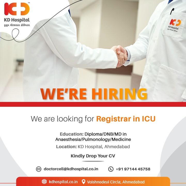 KD Hospital is hiring! 
We are currently looking for ICU Registrar. Eligible and interested candidates can send their updated CV to doctorcell@kdhospital.co.in or call directly on +91 9714445758.

#KDHospital #HiringAlert #vacancy #Doctors #icu 
#registrar #medical #opportunity #applynow #opportunity #jobhunt #jobseeker #jobseekers #jobinterview #careeropportunity #Hiring #urgentvacancyalert #jobseekers #recruitment #jobsearch #jobs #Job #Connections #medicine #health #healthcare #YoursToMake #Ahmedabad #Gujarat #India