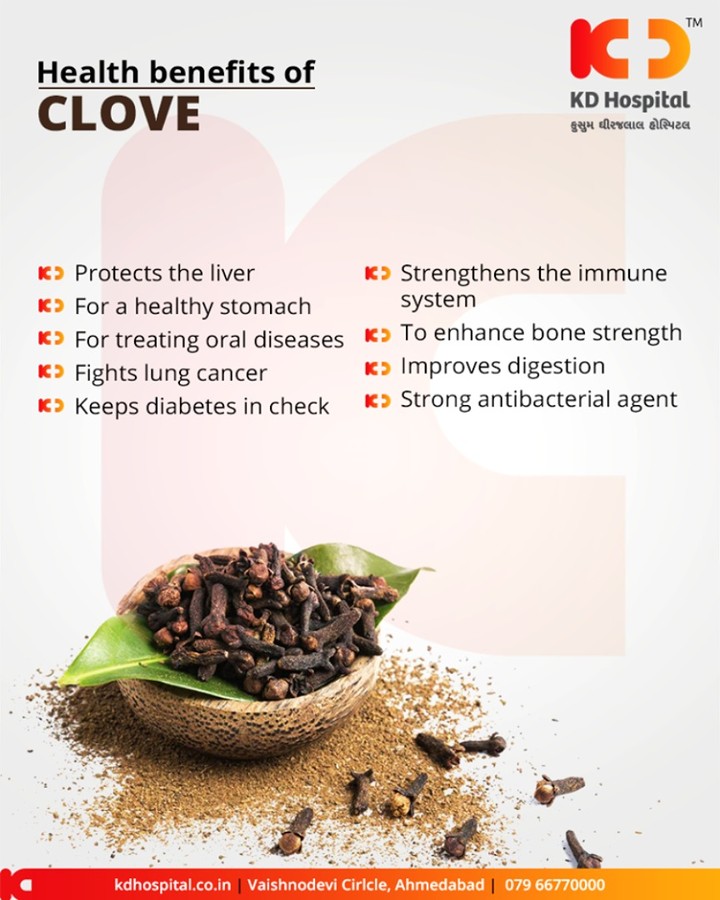 Clove comes packed with a host of health benefits! 
#HealthBenefits #KDHospital #GoodHealth #Ahmedabad #Gujarat #India