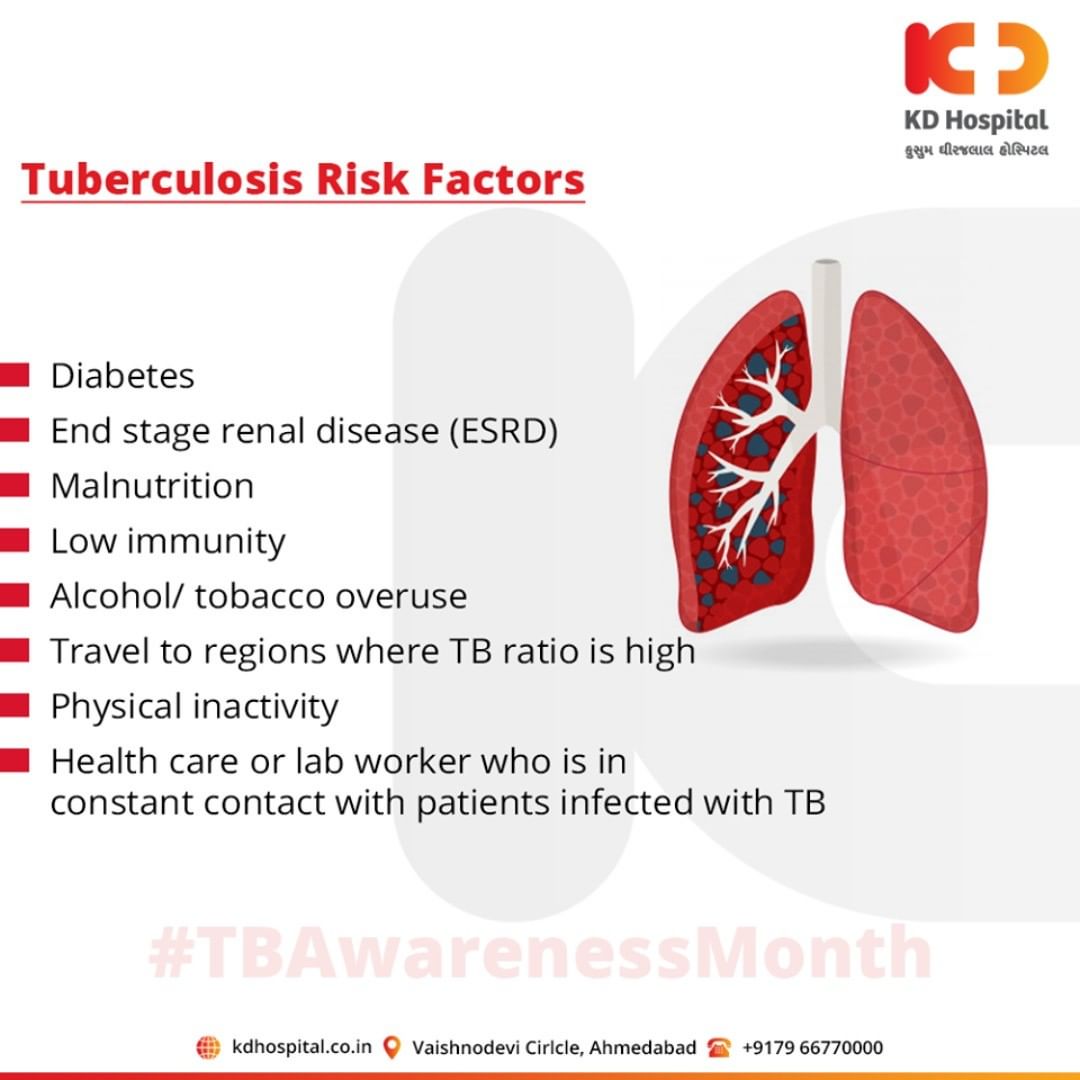 Anyone can get tuberculosis, but certain factors can increase the risk to get the disease.

For appointment call: +91 79 6677 0000

#Tuberculosis #TBAwarenessMonth #KDHospital #goodhealth #health #wellness #fitness #healthiswealth #healthyliving #patientscare #Ahmedabad #Gujarat #India