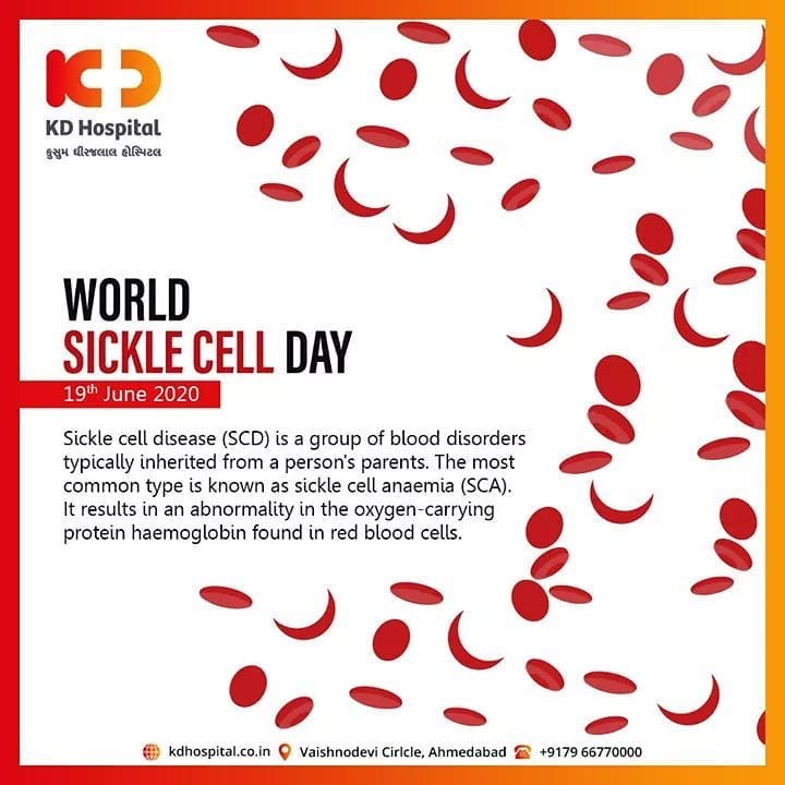 Sickle cell disease (SCD) is a group of blood disorders typically inherited from a person's parents. The most common type is known as sickle cell anaemia (SCA). It results in an abnormality in the oxygen-carrying protein haemoglobin found in red blood cells.

#WorldSickleCellDay #SickleCell #KDHospital #goodhealth #health #wellness #fitness #healthiswealth #healthyliving #patientscare #Ahmedabad #Gujarat #india