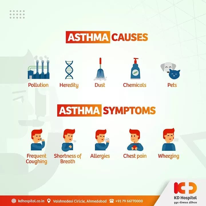 Asthma is the most common chronic respiratory condition which inflames and narrows the airways and makes breathing difficult. These are some Causes and Symptoms related to Asthma.

#KDHospital #Asthma #chronicrespiratory #goodhealth #health #wellness #fitness #healthiswealth #healthyliving #patientscare #Ahmedabad #Gujarat #India