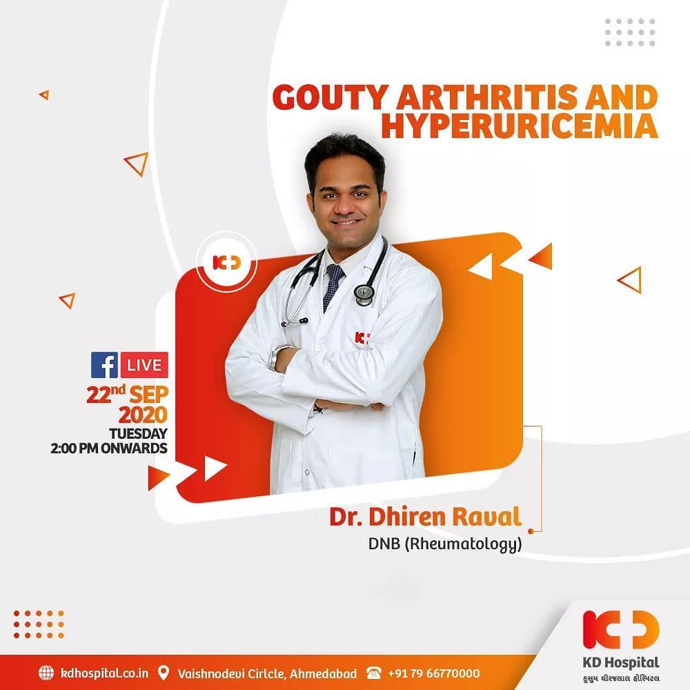 Elevated uric acid levels could cause multiple diseases in your body, including a painful variant of arthritis, gout and hyperuricemia. Dr Dhiren Raval speaks about both the conditions and correlation between the two on Facebook Live tomorrow (September 22, 2020) at 2:00 PM. 

#KDHospital #goodhealth #healthiswealth #healthyliving #patientscare #gout #goutyarthritis #painful #arthritis #rheumatology #uricacid #facebooklive #StayAware #StaySafe #Doctors #DoctorsOfInstagram #Diagnosis #Therapeutics #goodhealth #social #socialmediamarketing #digitalmarketing #pandemic #Ahmedabad #Gujarat #India