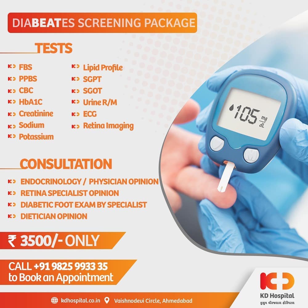Early screening of diabetes may assist the patient to avoid long-term complications of chronic hyperglycemia (excess sugar in the blood) which can damage one's eyes, kidneys, nerves, heart, and blood vessels. KD Hospital offers diabetes screening with a consultation with the specialist at affordable rates. Book an appointment now! 

#KDHospital #diabetes #diabetesscreening #diabetesawareness #diabetestype1 #diabetestype2 #diabetescommunity #goodhealth #healthiswealth #healthyliving #patientscare #StayAware #StaySafe #Doctors #DoctorsOfInstagram #Diagnosis #Therapeutics #goodhealth #social #socialmediamarketing #digitalmarketing #pandemic #Ahmedabad #Gujarat #India