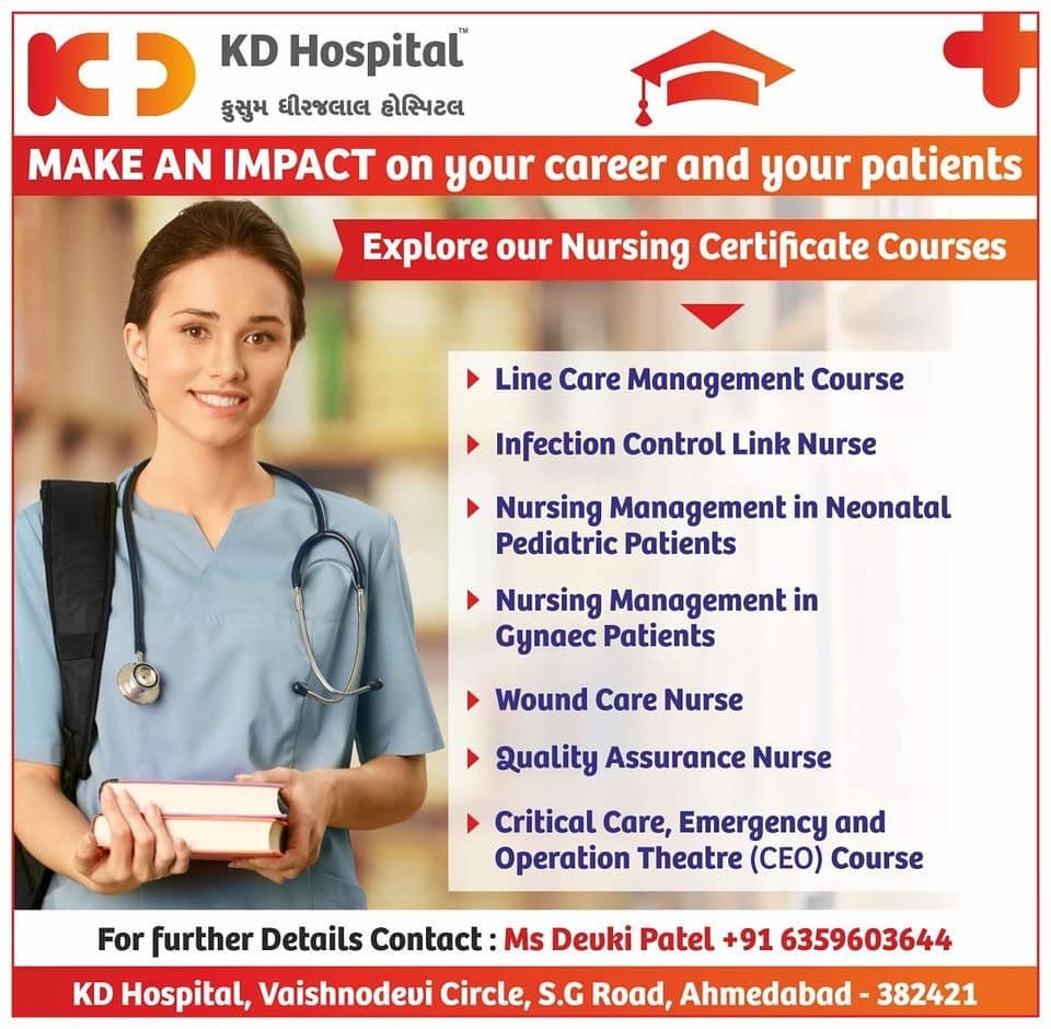 Our nursing certificate courses can assist you to reach your profession objectives. Take our training courses that educate about advanced infection control techniques, cutting edge patient hygiene procedures, health maintenance methodology, safety precautions, and how to reassure patient safety and comfort. Call to enrol now!

#KDHospital #Nursing #Nurse #NursingCourses #NurseEducation #Diagnosis #Therapeutics #goodhealth #pandemic #socialmediamarketing #pandemic #wellness #wellnessthatworks #Ahmedabad #Gujarat #India