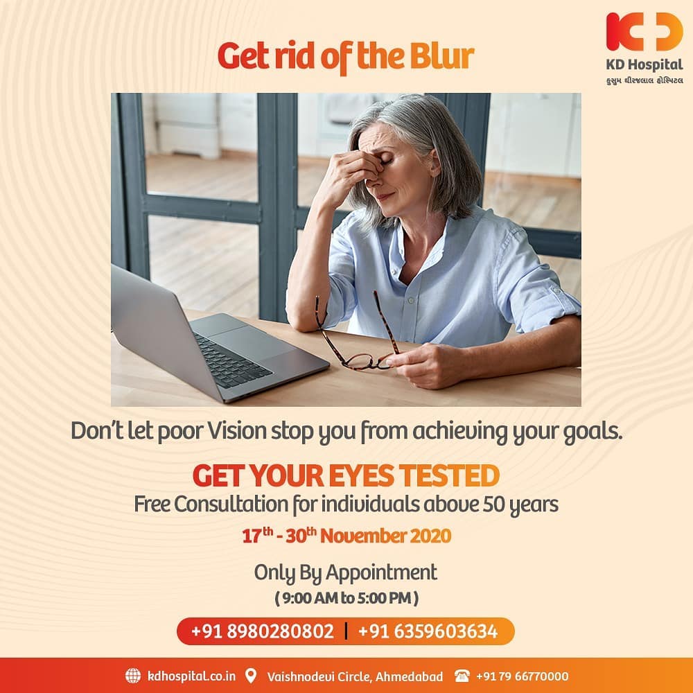 Don't let blurry vision affect your career goals. KD Hospital is having a free eye consultation from 17/11/2020 to 30/11/2020 for the patients above the age of 50. Call +918980280802 or +916359603634 between 9:00 AM to 5:00 PM to book an appointment. Cashless Facilities are also available at the hospital.

#KDHospital #eyecheckup #cataract #blindness #blind #cataractsurgery #blindnessawareness  #DoctorsOfInstagram #Diagnosis #Therapeutics #goodhealth #pandemic #socialmedia #socialmediamarketing #digitalmarketing #wellness #wellnessthatworks #Ahmedabad #Gujarat #India
